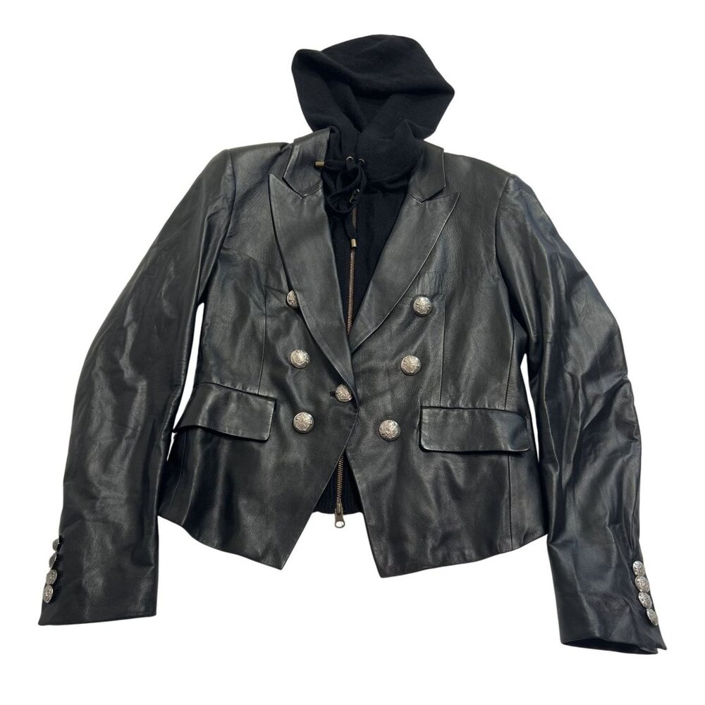 Veronica Beard Gaya Black Leather Jacket with Cashmere Dickey Hoodie